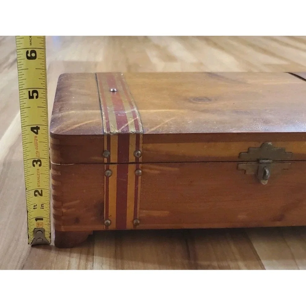 Vintage Rustic Wood Trinket Box Flat Top Storage Chest Striped Metal